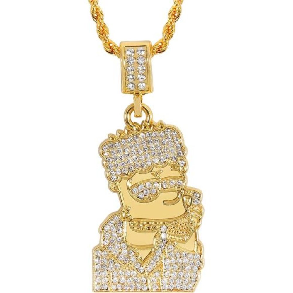 Men's Bart Chain Necklace 18K Gold Plated CZ Fully Iced Out Cartoon 316L